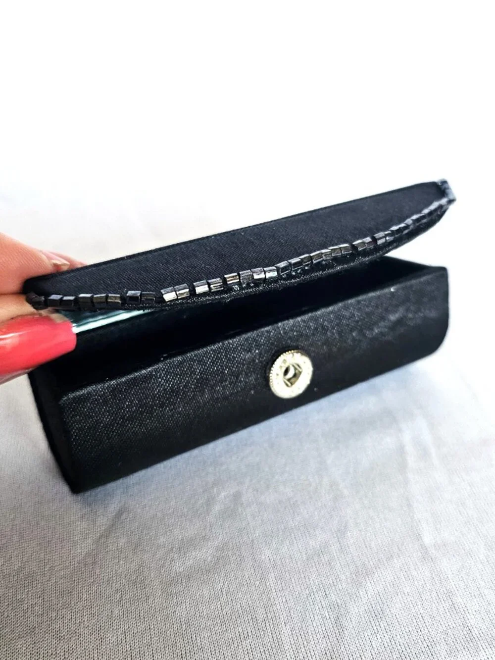Vintage Black Satin Beaded Lipstick Case | Mirror Snap Closure